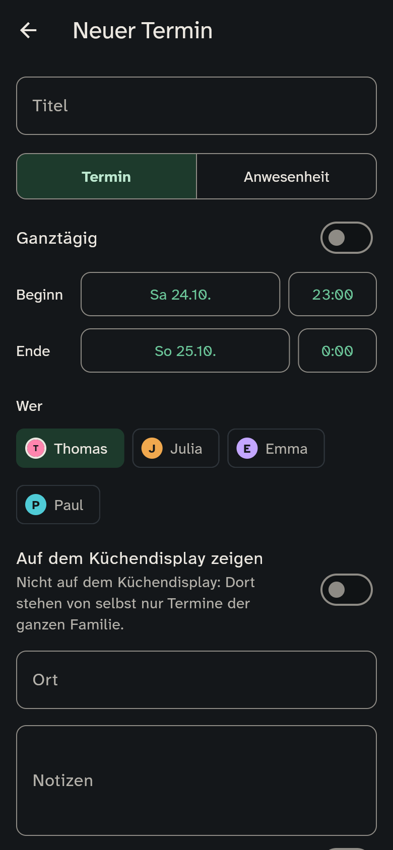 Editor für einen neuen Termin mit Titel, Wer und Wiederholung