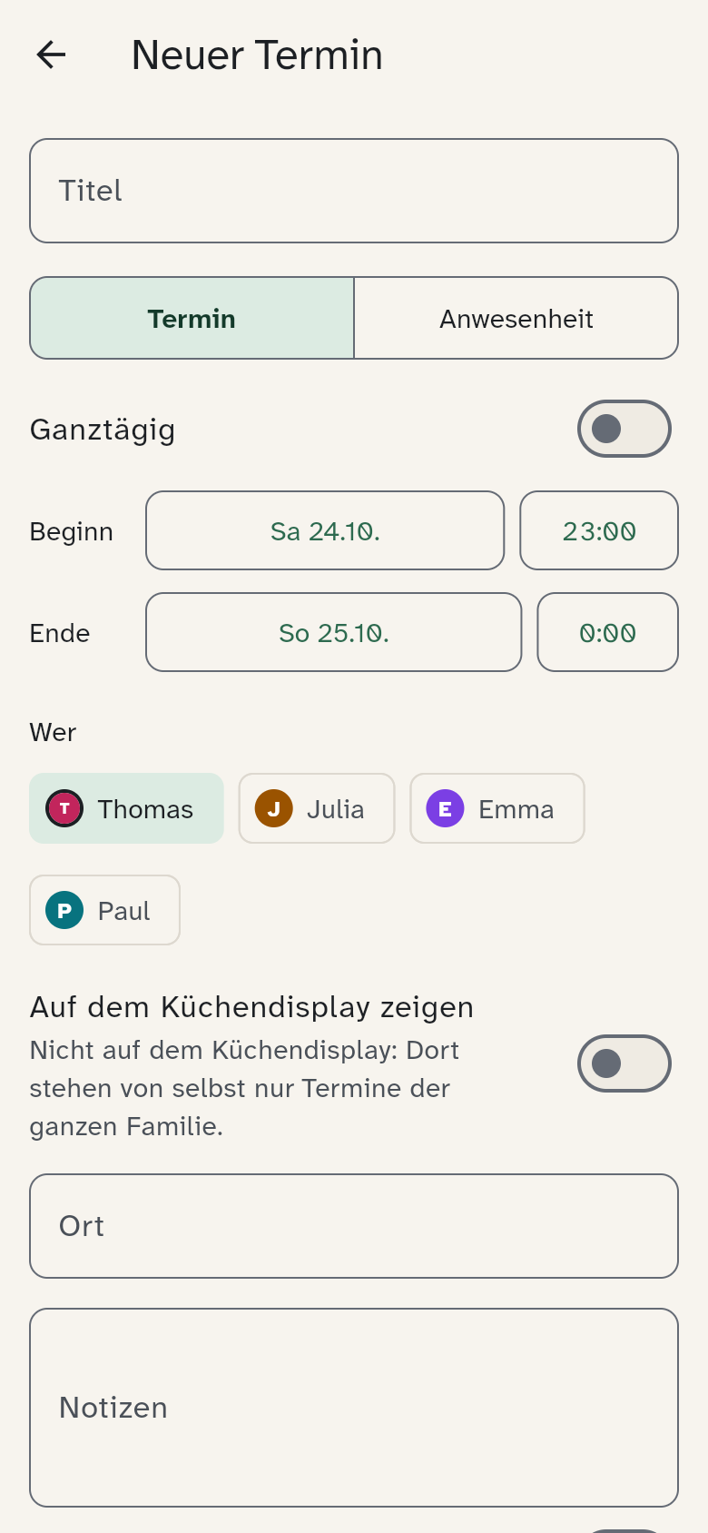 Editor für einen neuen Termin mit Titel, Wer und Wiederholung