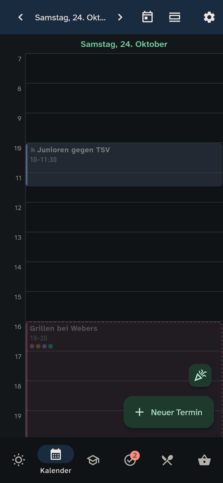 Kalender auf dem Handy mit Datumsnavigation und Ansichtsmenü in einer Leiste