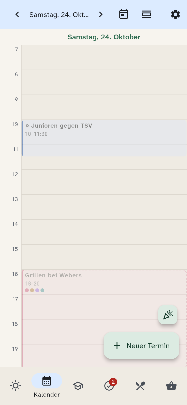 Kalender auf dem Handy mit Datumsnavigation und Ansichtsmenü in einer Leiste