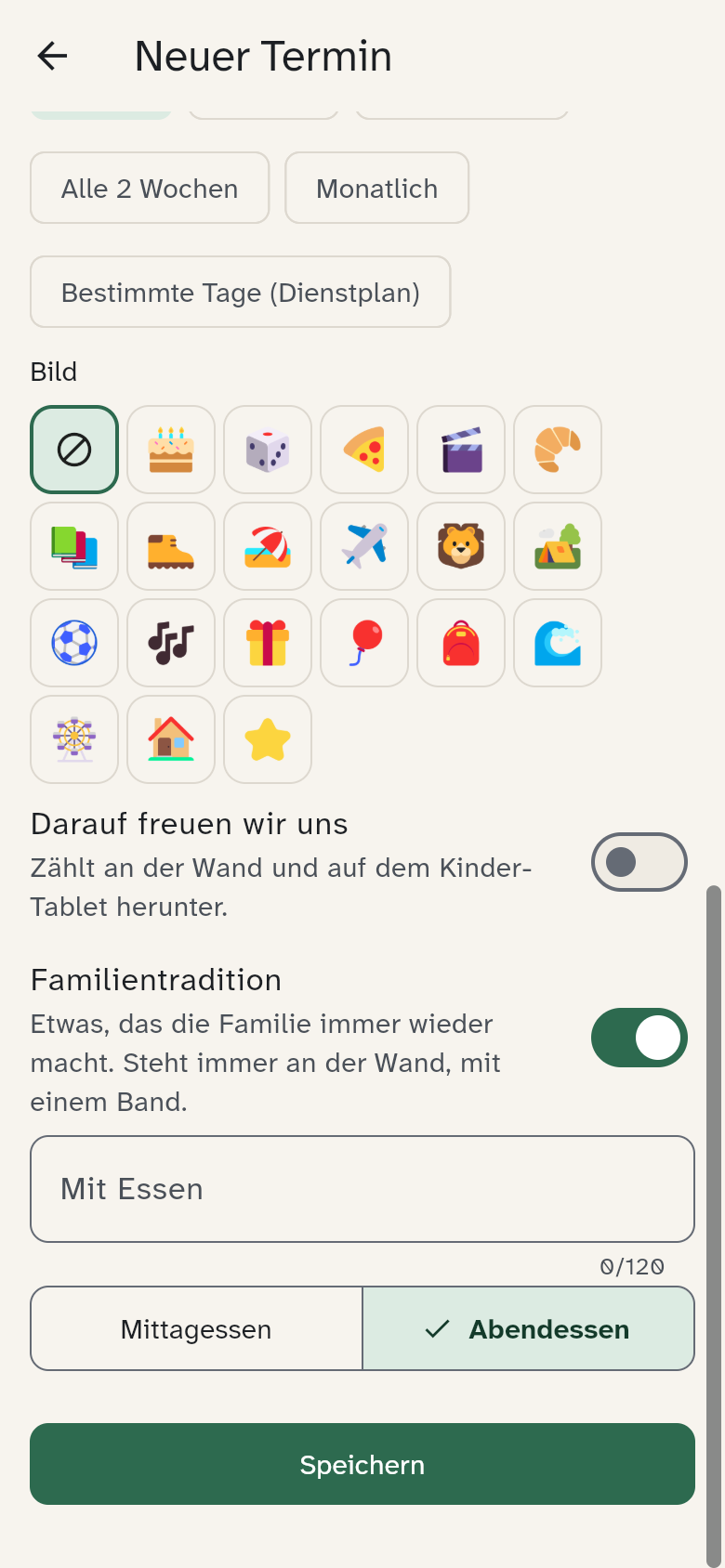 Unterer Teil des Termin-Editors mit Bild, Darauf freuen wir uns und Familientradition mit Essen