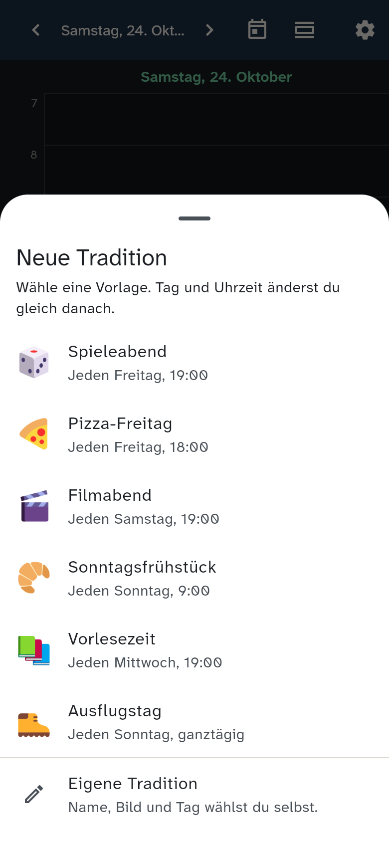 Auswahl Neue Tradition mit sechs Vorlagen und Eigene Tradition