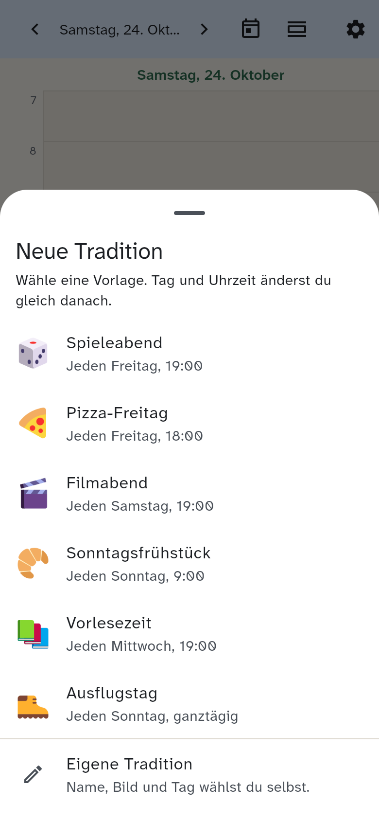 Auswahl Neue Tradition mit sechs Vorlagen und Eigene Tradition