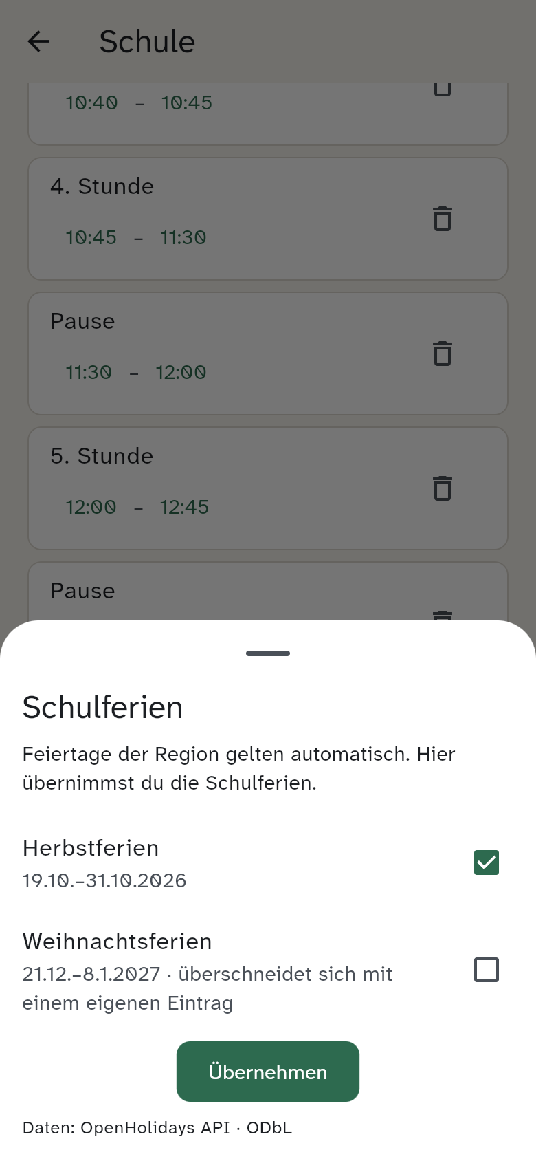 Ferien übernehmen: die Vorschau der Schulferien, mit Häkchen und dem Hinweis „importiert“