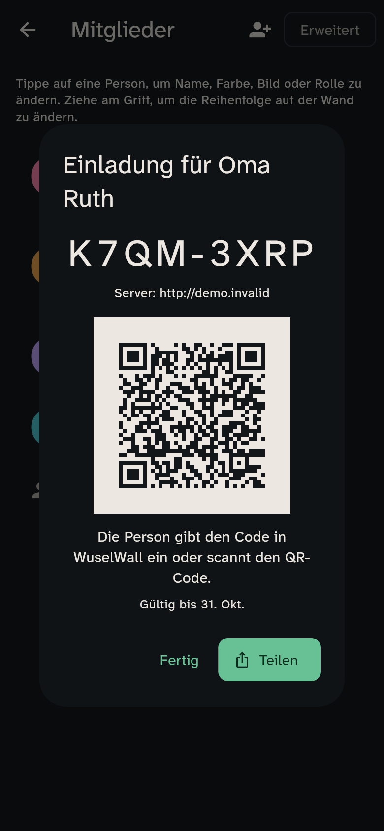 Einladung für Oma Ruth mit Code, QR-Code und Teilen