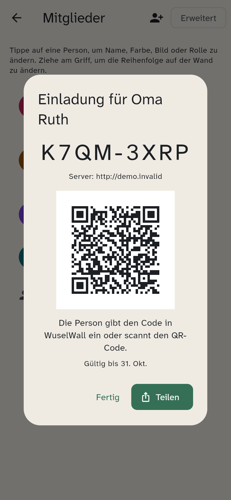 Einladung für Oma Ruth mit Code, QR-Code und Teilen