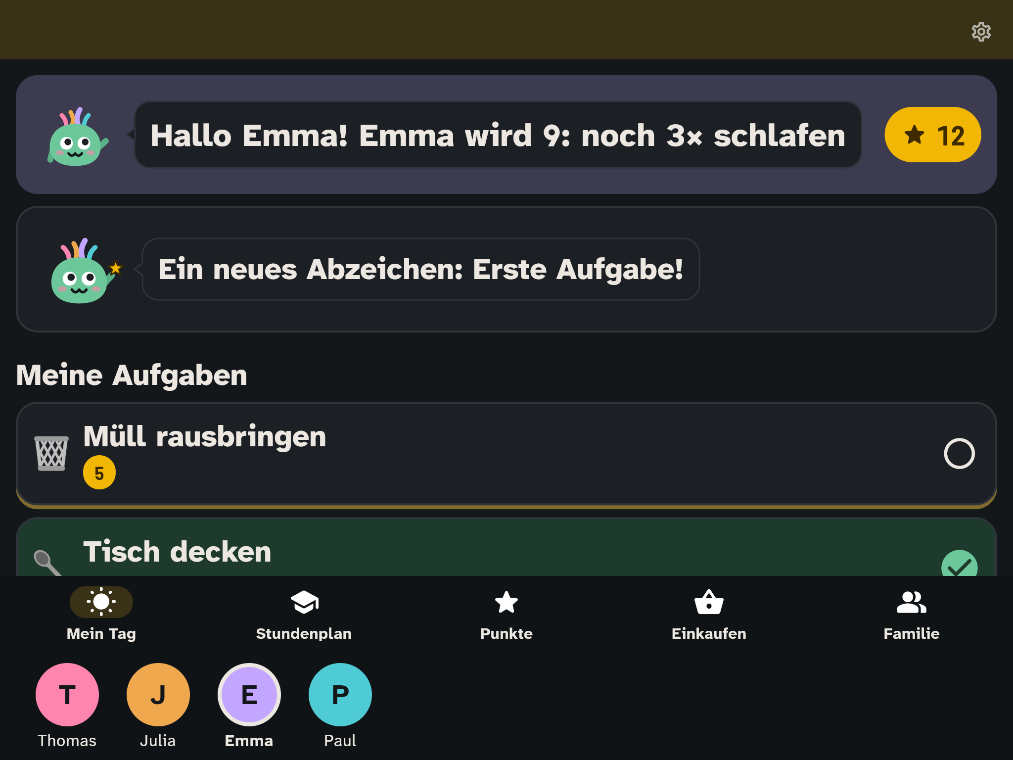Mein Tag auf dem Kinder-Tablet: Wusel begrüßt Emma, darunter ihre Aufgaben
