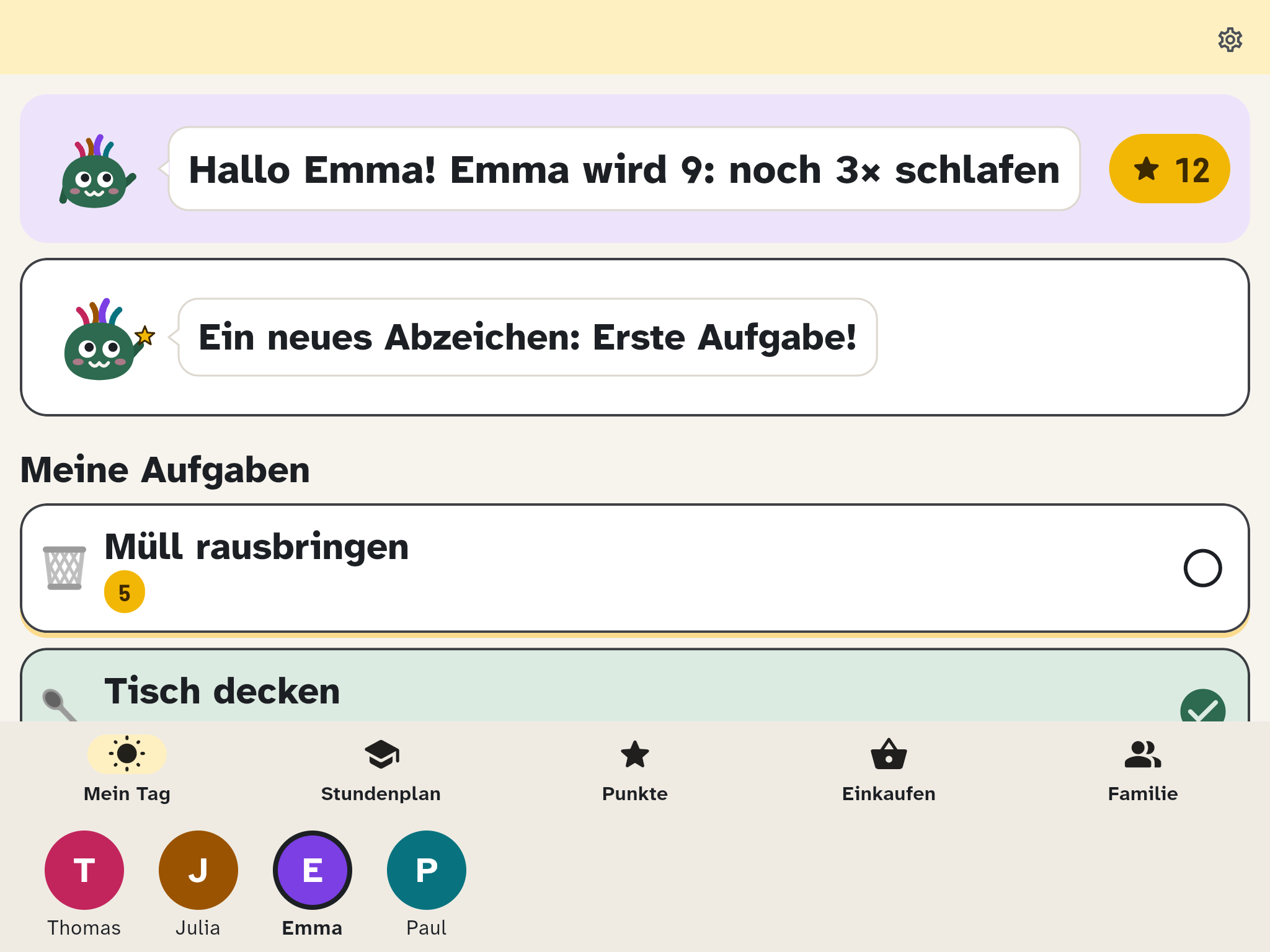 Mein Tag auf dem Kinder-Tablet: Wusel begrüßt Emma, darunter ihre Aufgaben