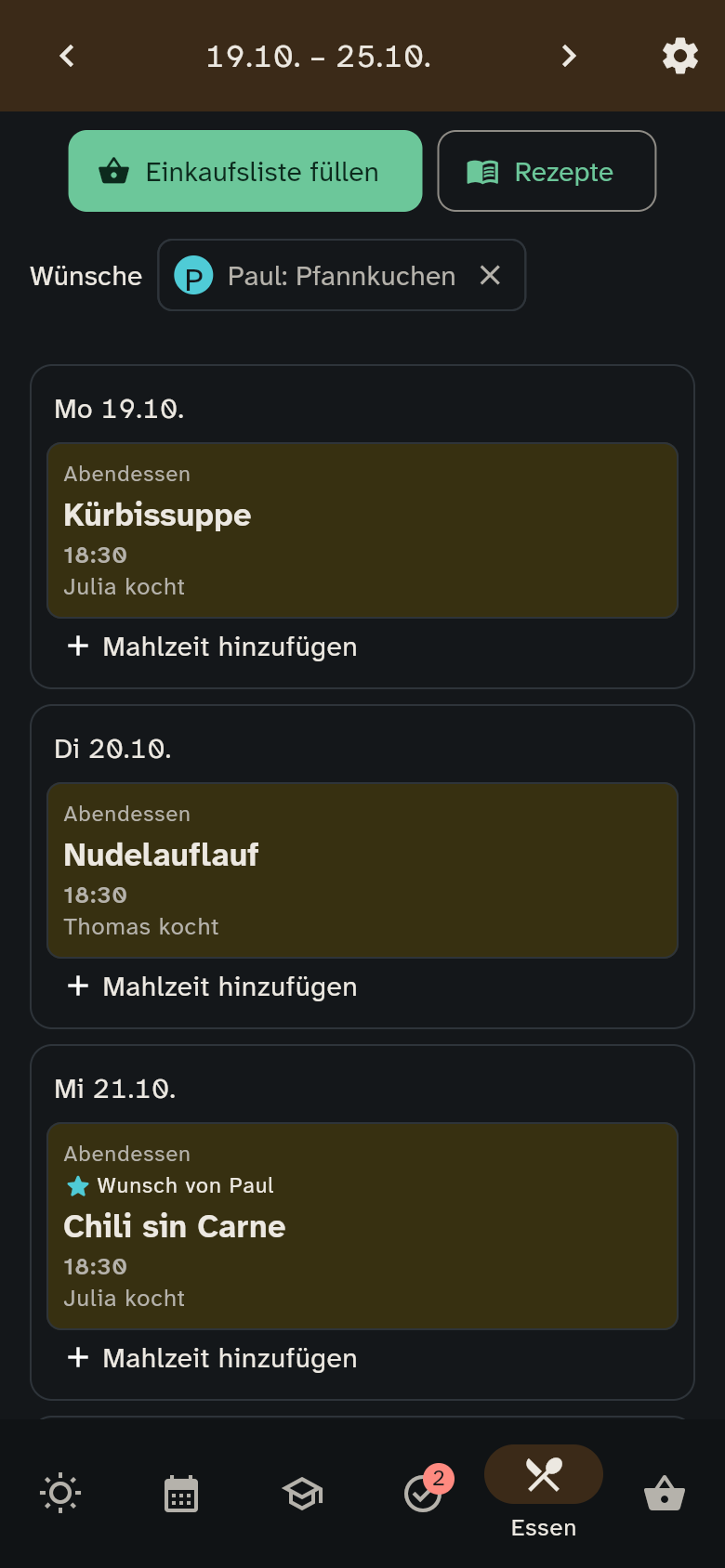 Essensplan auf dem Handy mit dem Wunsch Paul: Pfannkuchen über der Woche