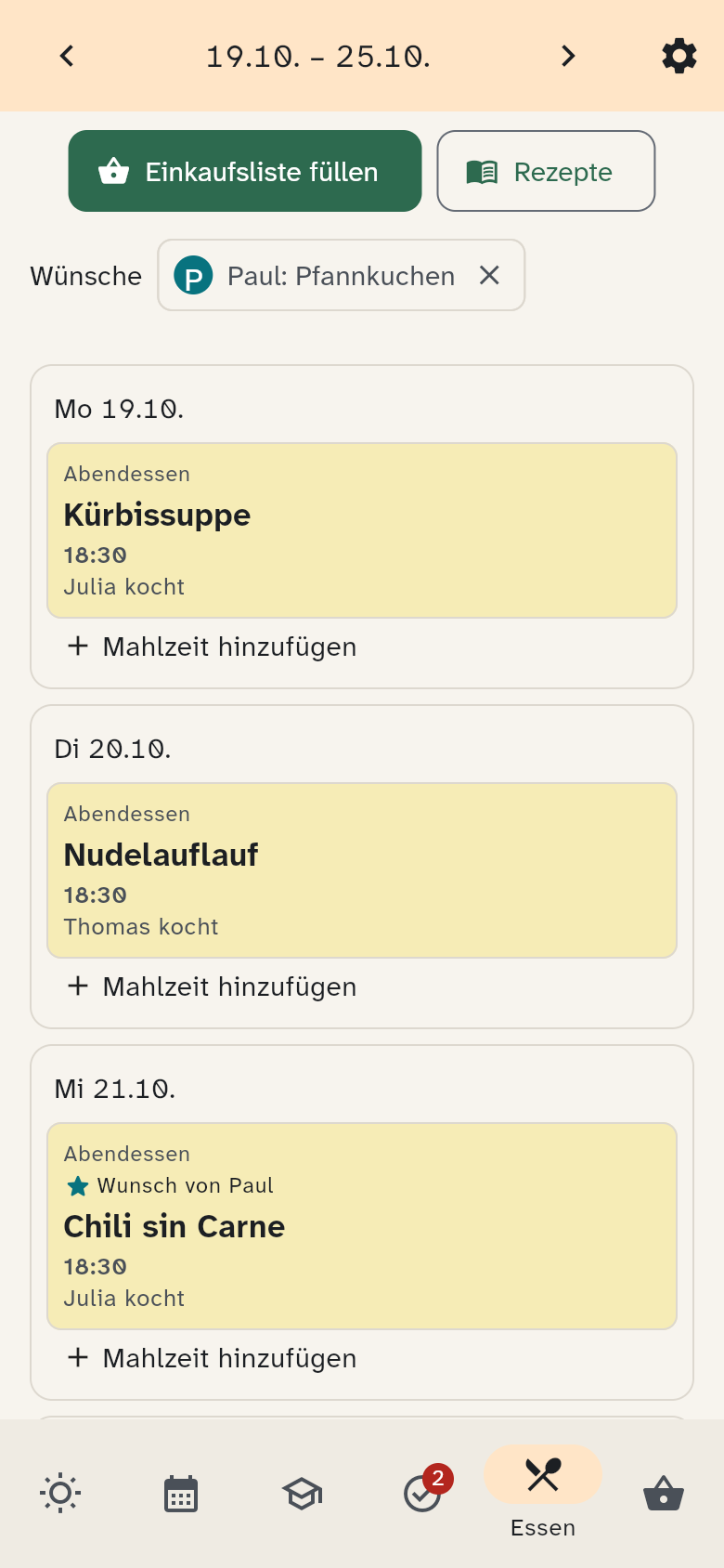 Essensplan auf dem Handy mit dem Wunsch Paul: Pfannkuchen über der Woche