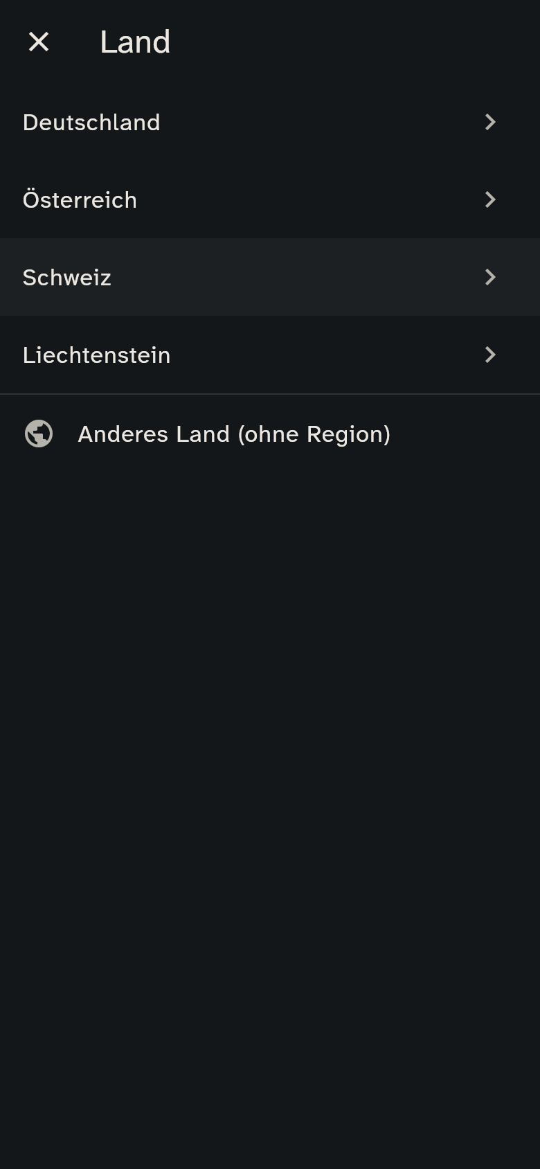 Die Regionsauswahl: zuerst das Land, dann Kanton oder Bundesland