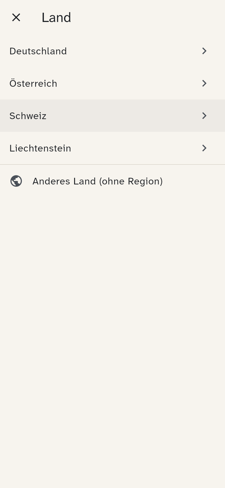 Die Regionsauswahl: zuerst das Land, dann Kanton oder Bundesland