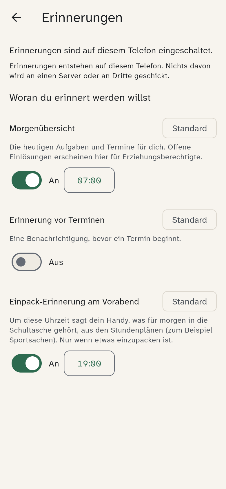 Einstellungen → Erinnerungen