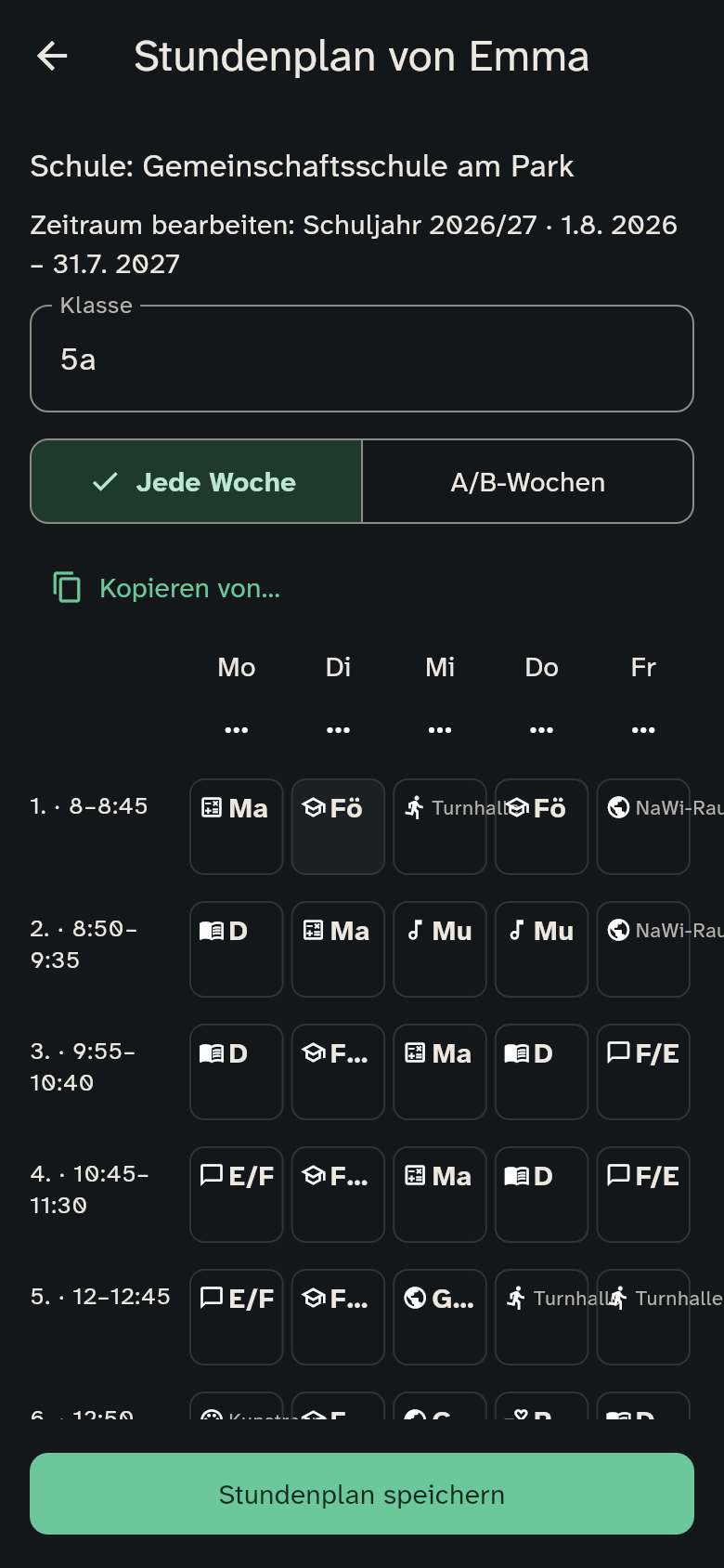 Stundenplan-Editor mit Schule, Zeitraum und sichtbarer Speichern-Schaltfläche