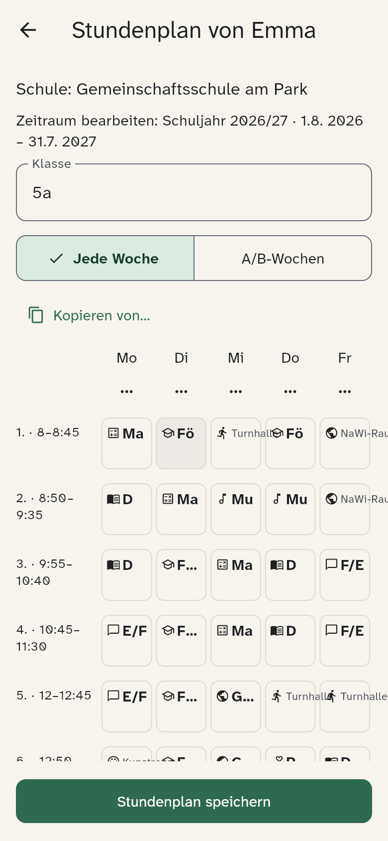 Stundenplan-Editor mit Schule, Zeitraum und sichtbarer Speichern-Schaltfläche