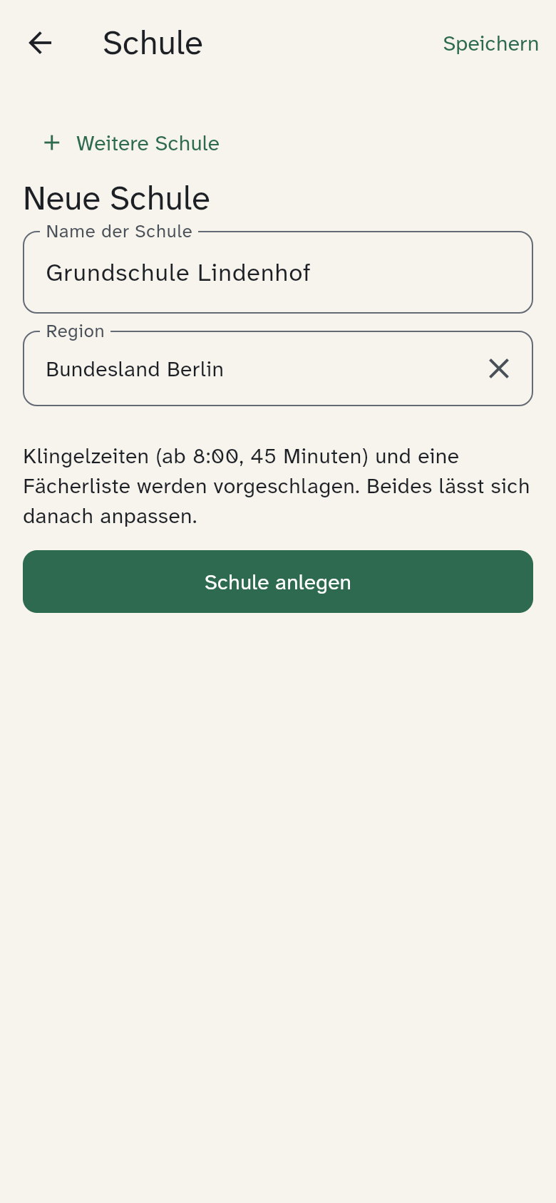 Die erste Schule: nur Name und Region, darunter Schule anlegen