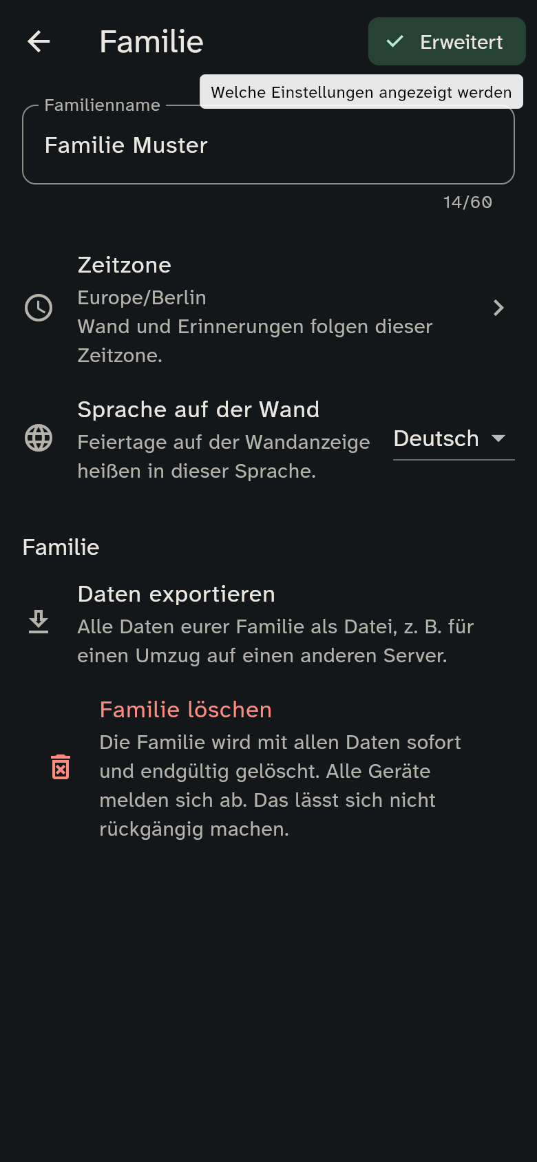 Seite Familie mit Name, Zeitzone, Sprache auf der Wand und Datenexport