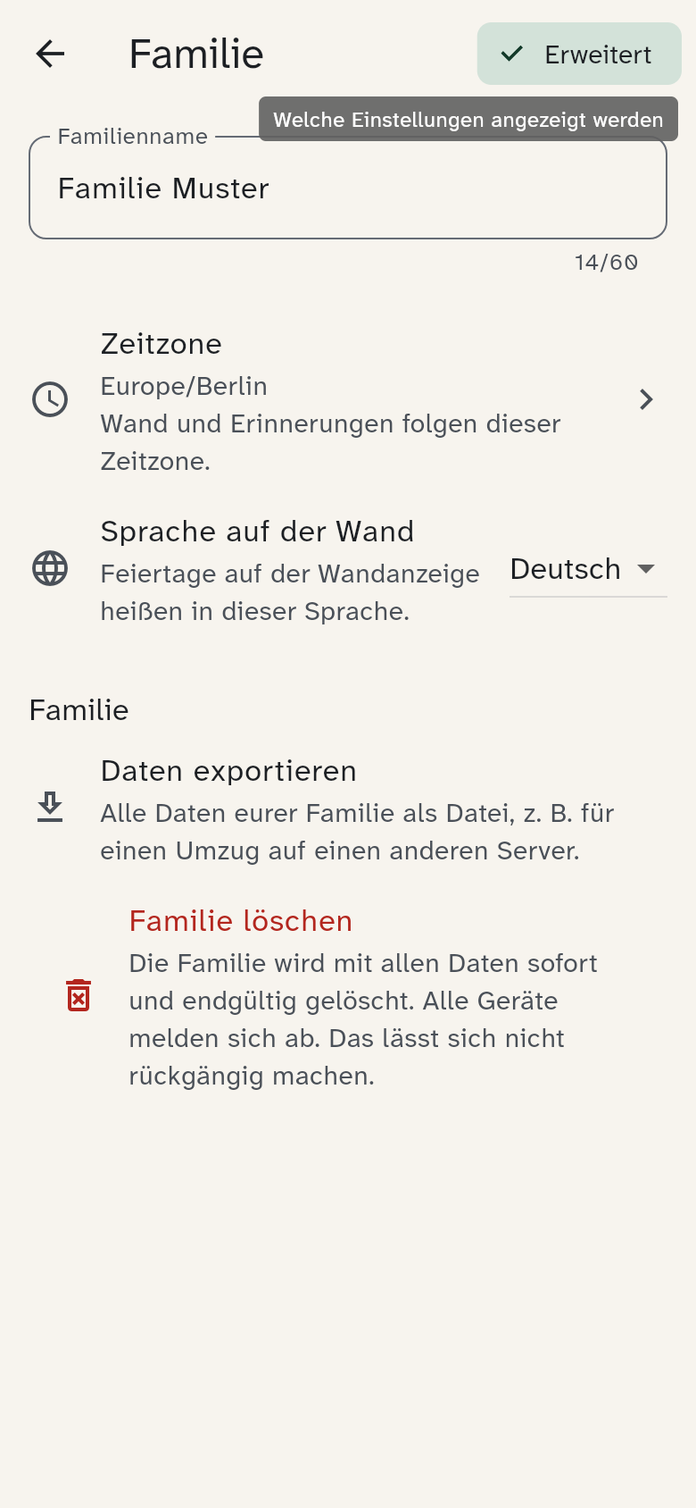 Seite Familie mit Name, Zeitzone, Sprache auf der Wand und Datenexport
