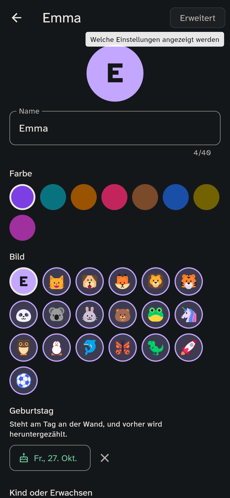 Seite eines Mitglieds mit Name, Farbe, Bild und Geburtstag