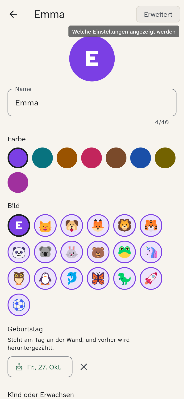 Seite eines Mitglieds mit Name, Farbe, Bild und Geburtstag