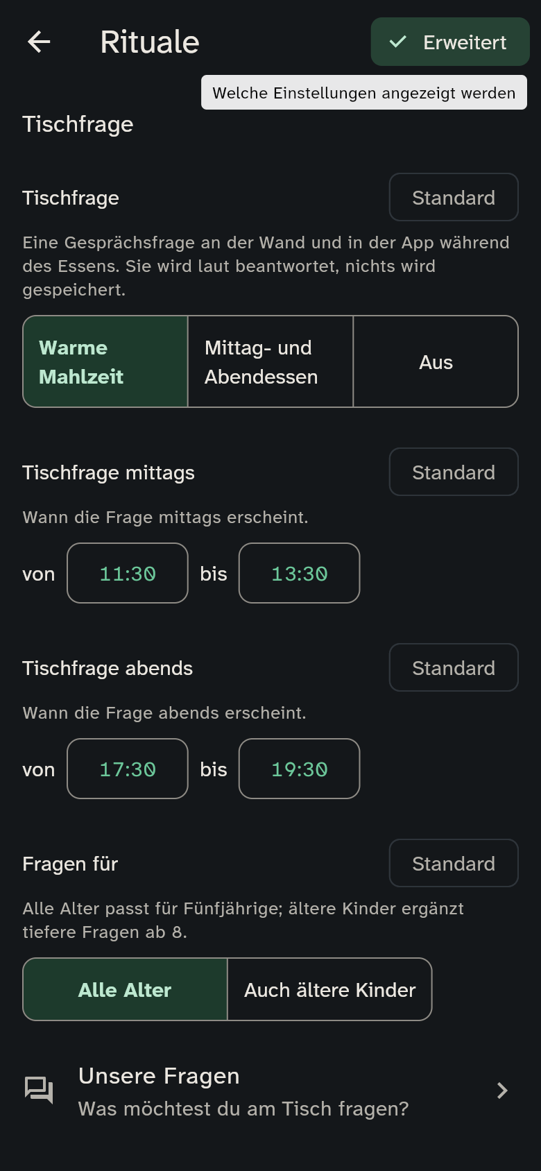 Die Gruppe Rituale in der Ansicht Erweitert: die Tischfrage mit ihren Zeiten