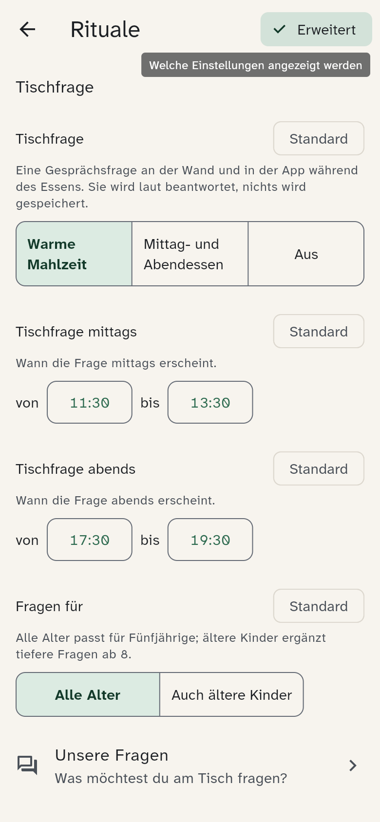 Die Gruppe Rituale in der Ansicht Erweitert: die Tischfrage mit ihren Zeiten