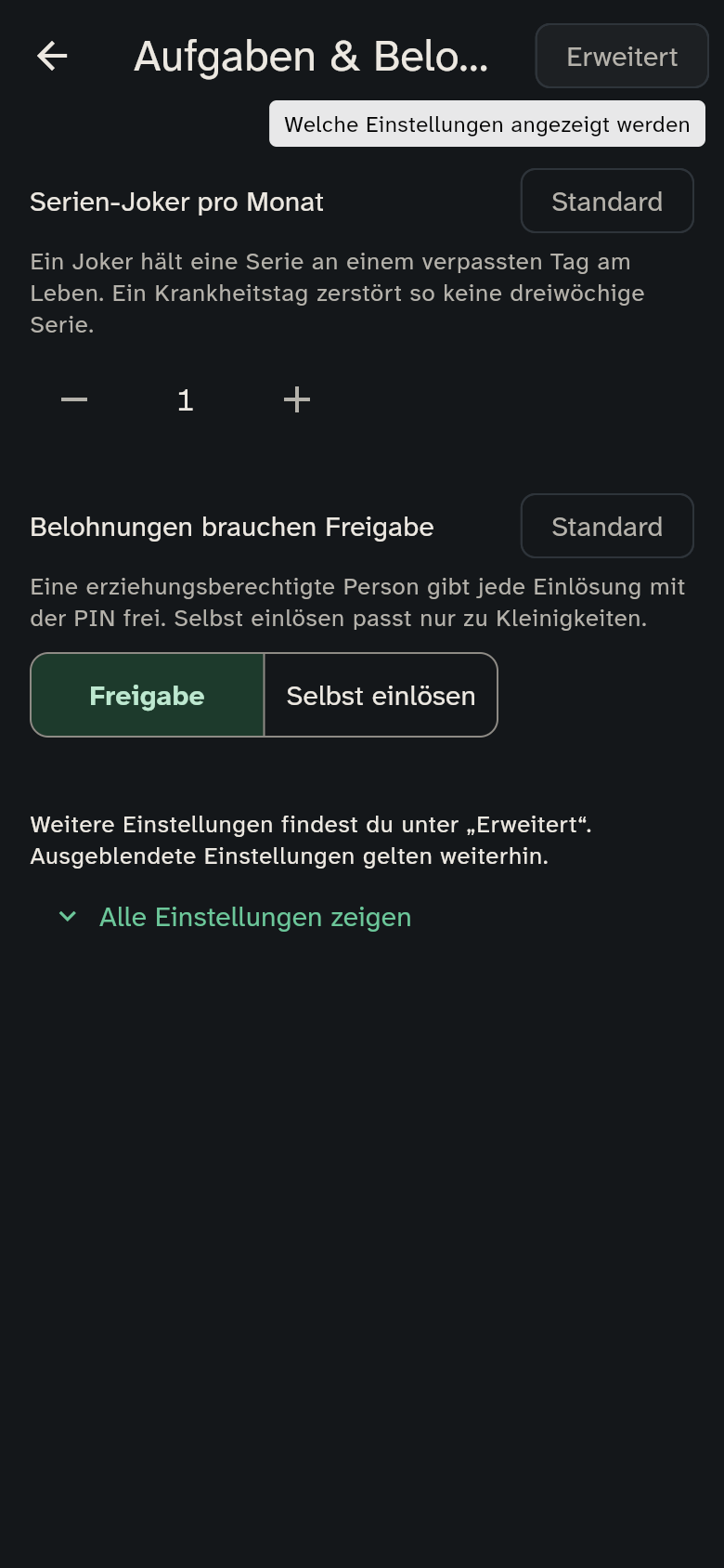 Die Gruppe Aufgaben & Belohnungen mit ihren Einstellungen
