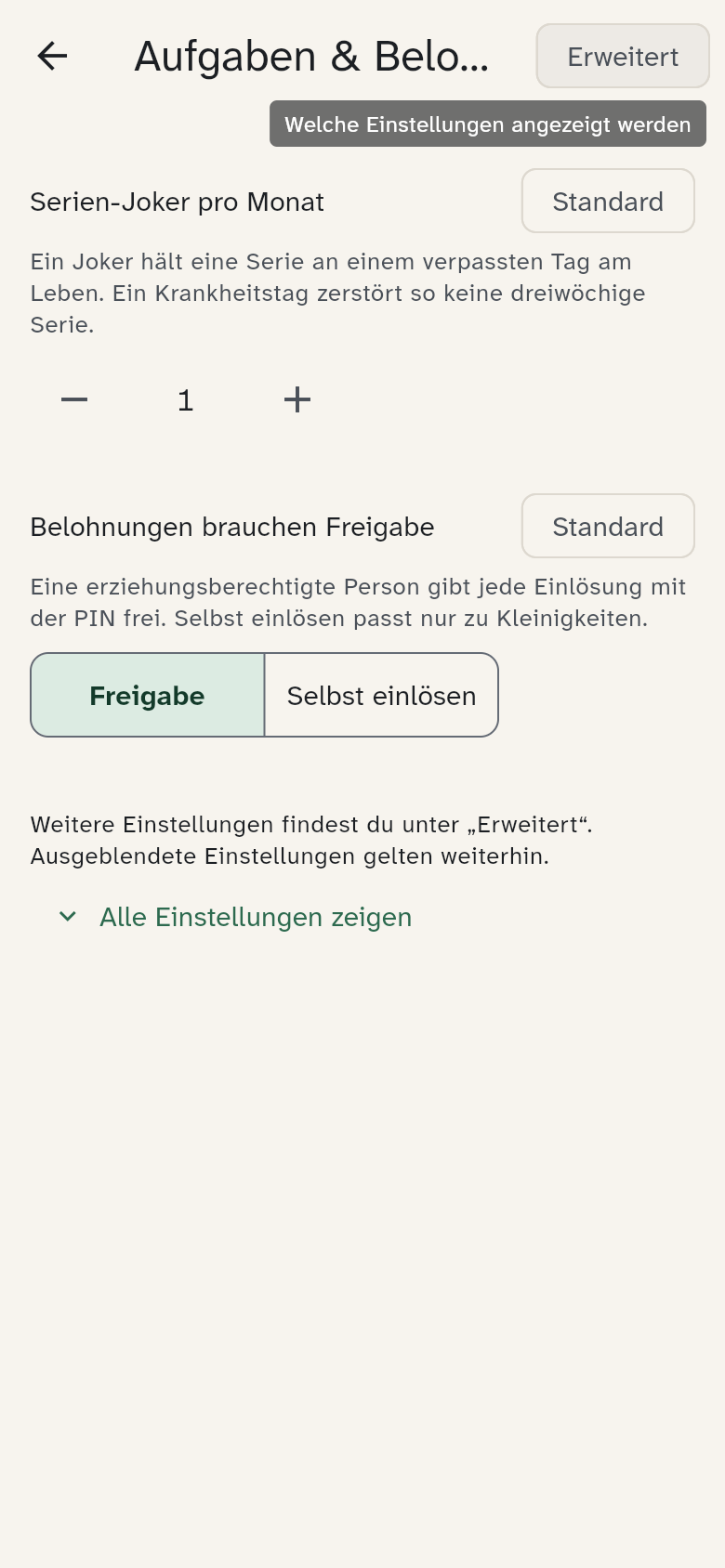 Die Gruppe Aufgaben & Belohnungen mit ihren Einstellungen