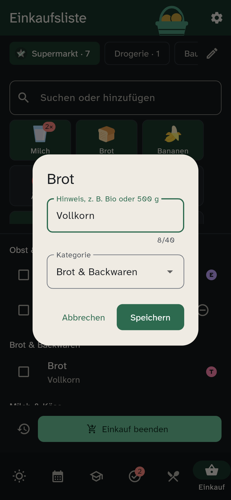 Dialog zum Bearbeiten eines Artikels