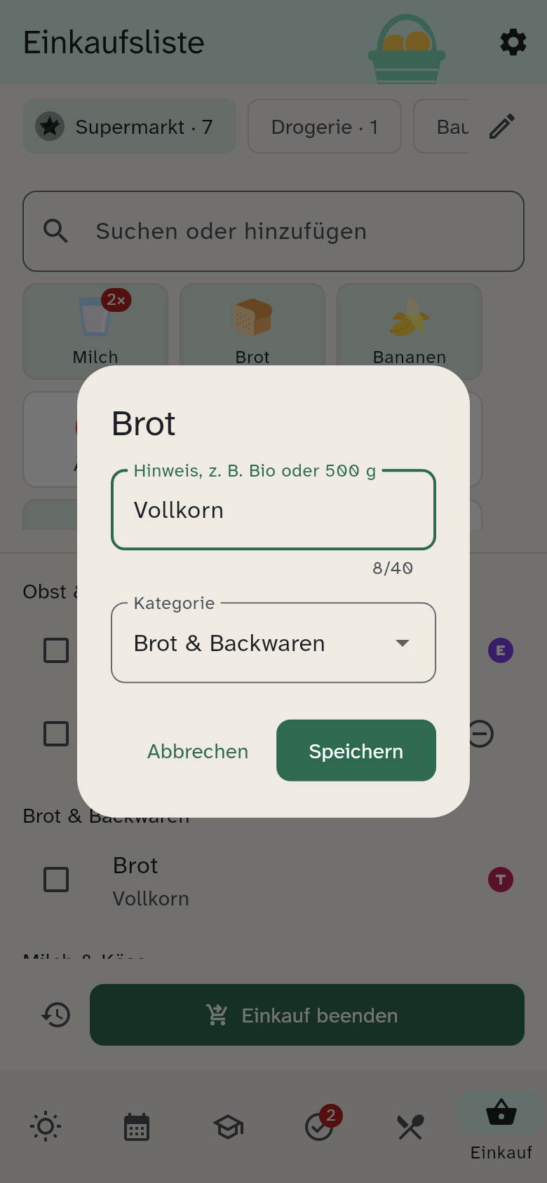 Dialog zum Bearbeiten eines Artikels