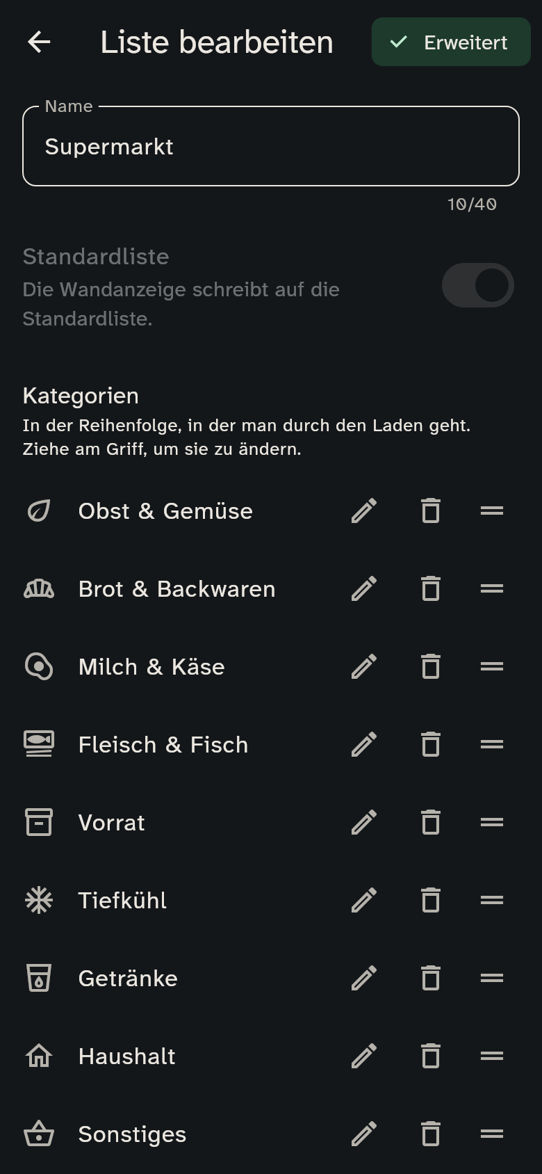 Liste bearbeiten mit Name, Standardliste und Kategorien