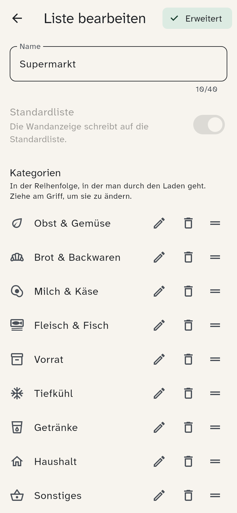 Liste bearbeiten mit Name, Standardliste und Kategorien