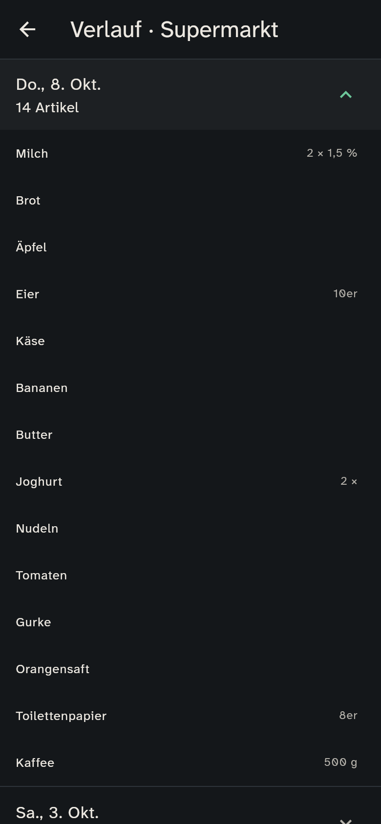 Verlauf mit zwei beendeten Einkäufen