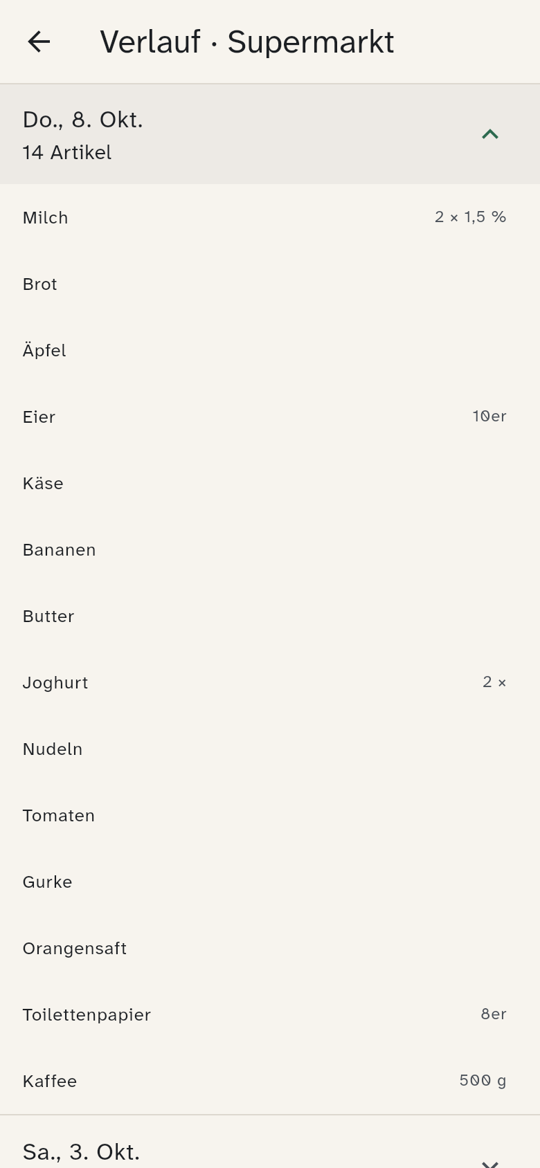 Verlauf mit zwei beendeten Einkäufen