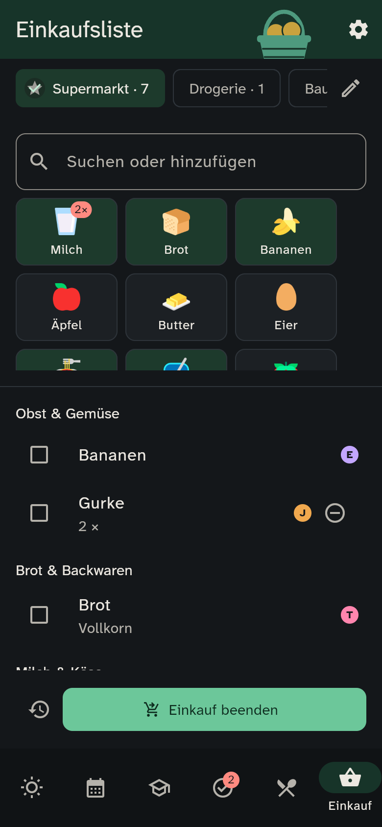 Einkaufsliste mit Kacheln oben und Artikeln nach Kategorien darunter