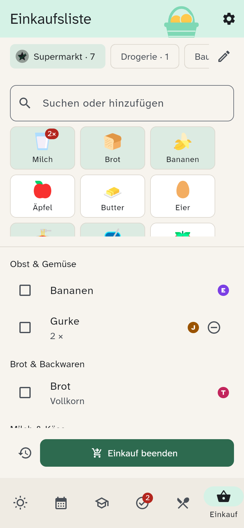 Einkaufsliste mit Kacheln oben und Artikeln nach Kategorien darunter