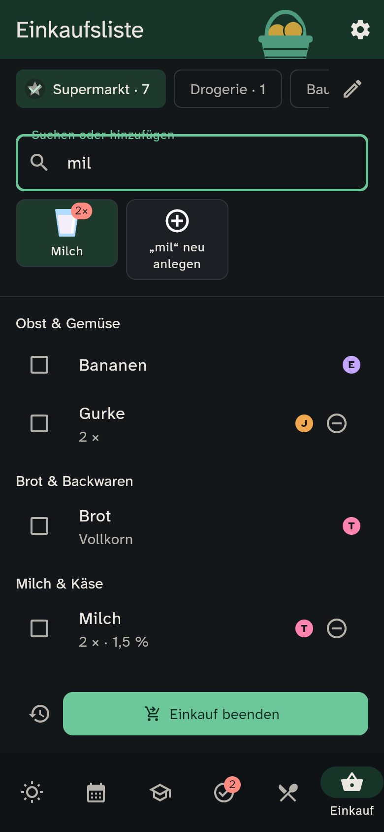 Suchfeld mit „mil“ und passenden Kacheln