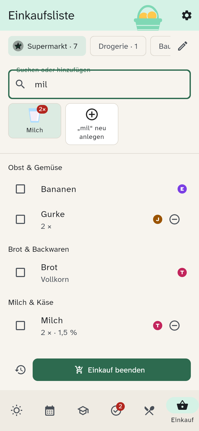 Suchfeld mit „mil“ und passenden Kacheln