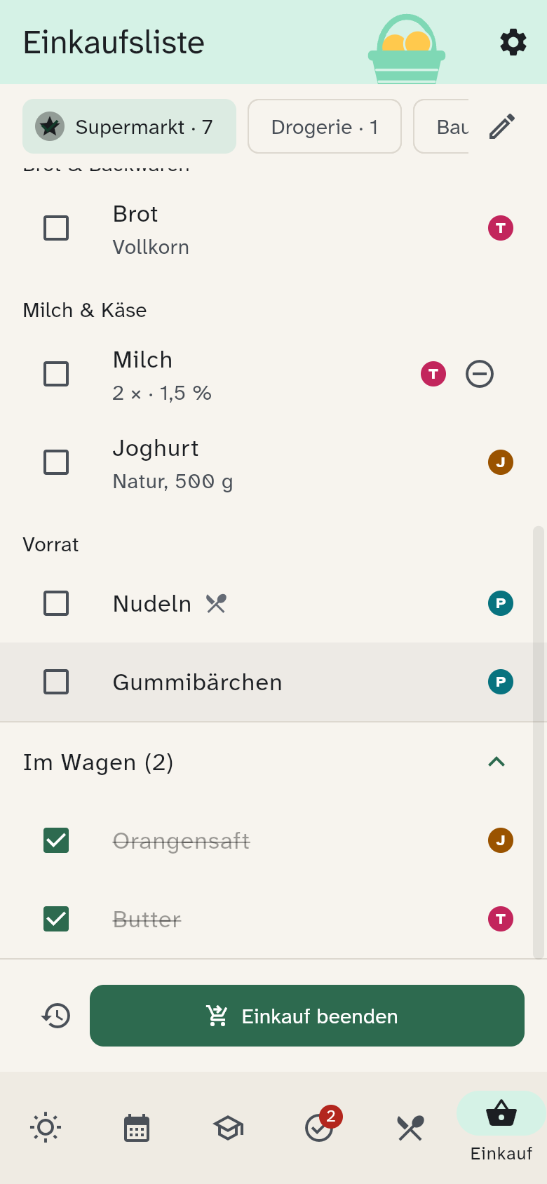 Aufgeklappter Bereich „Im Wagen“