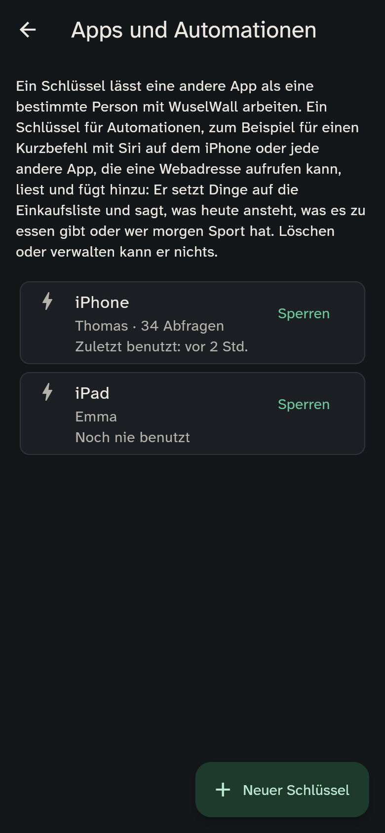 Einstellungen → Apps und Automationen mit zwei Schlüsseln