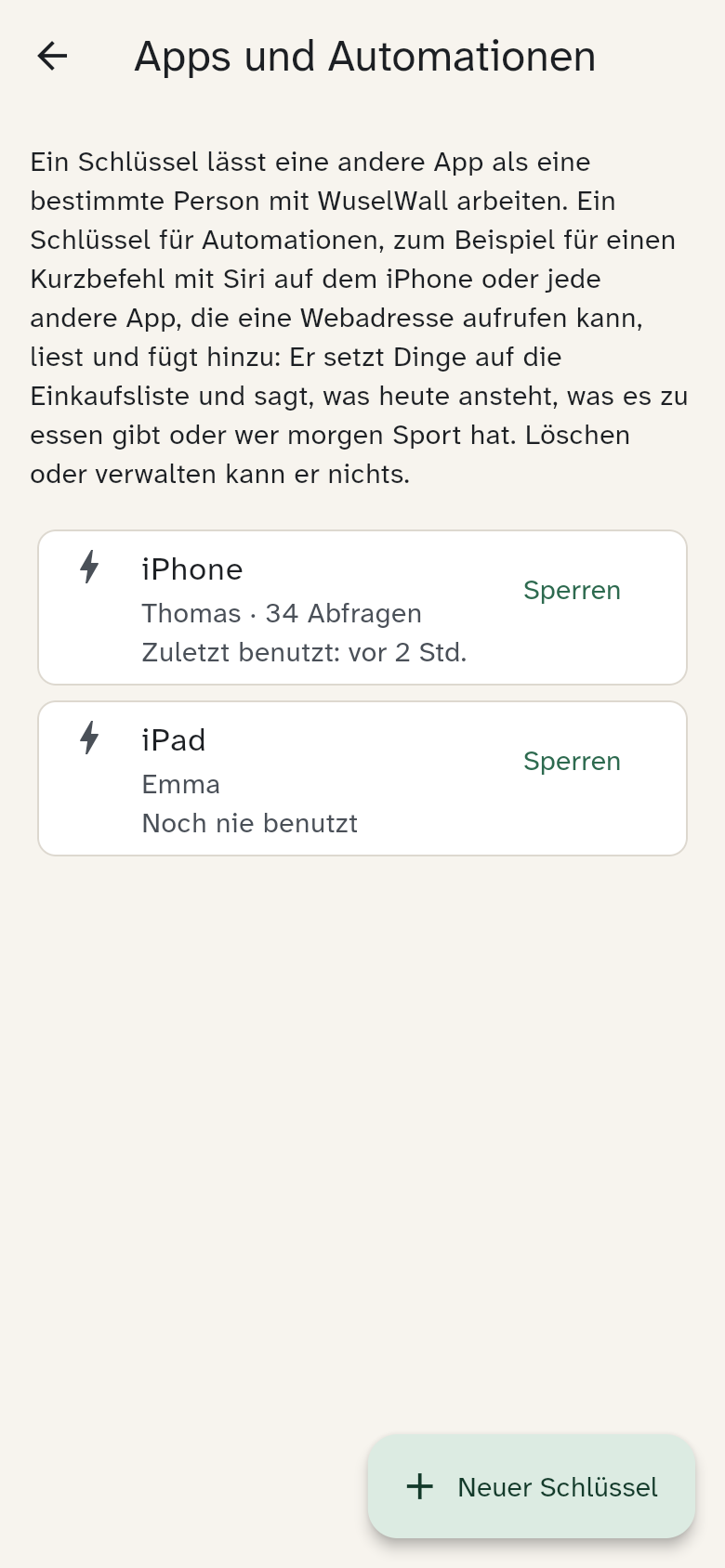 Einstellungen → Apps und Automationen mit zwei Schlüsseln
