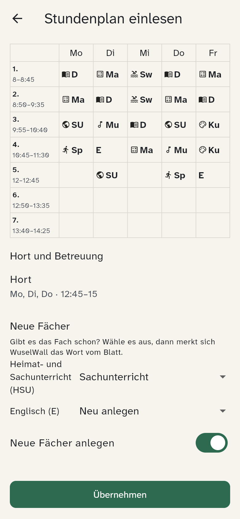 Neue Fächer in der Vorschau: HSU wird als bestehender Sachunterricht übernommen, Englisch wird neu angelegt