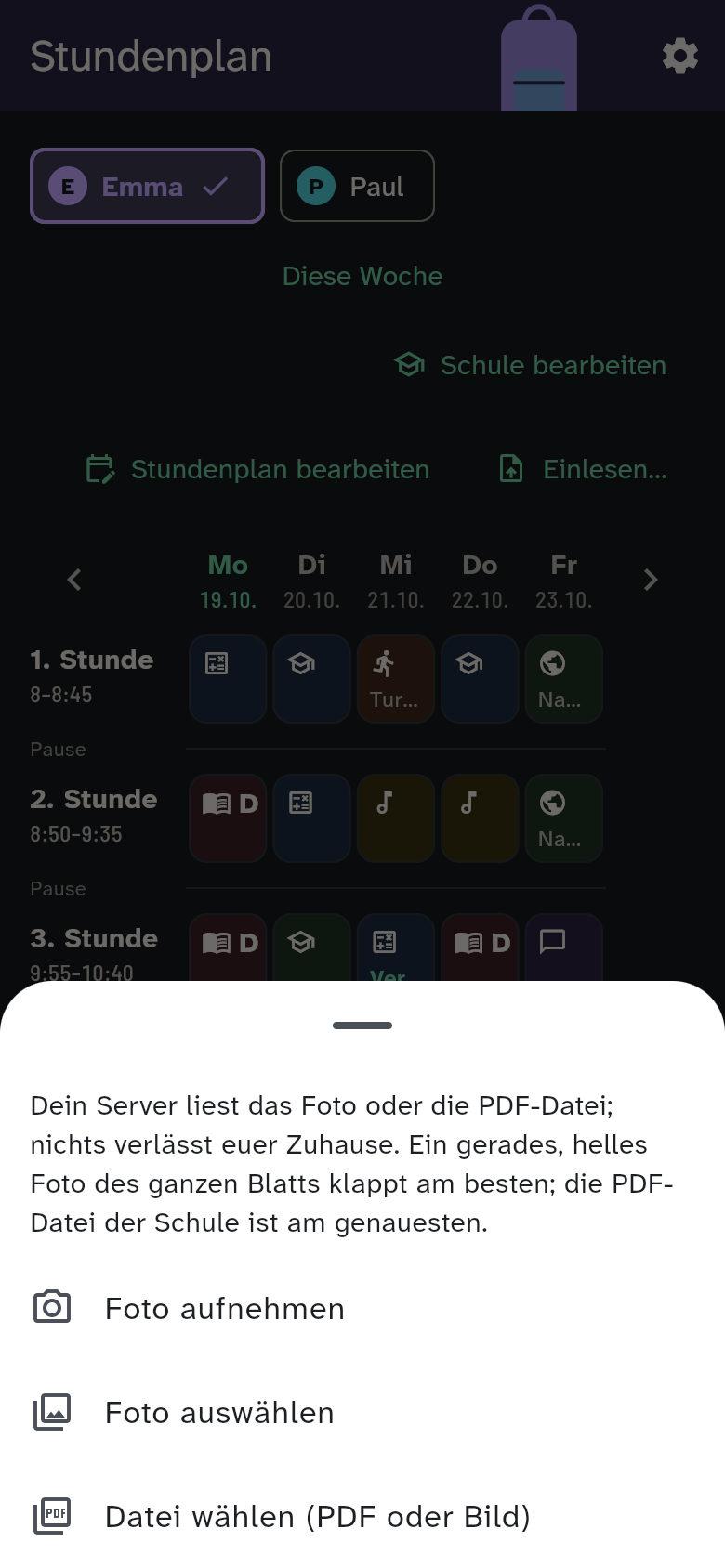 Foto scannen: der Hinweis, dass die Datei zu Hause bleibt, und die drei Wege Foto aufnehmen, Foto auswählen und Datei wählen