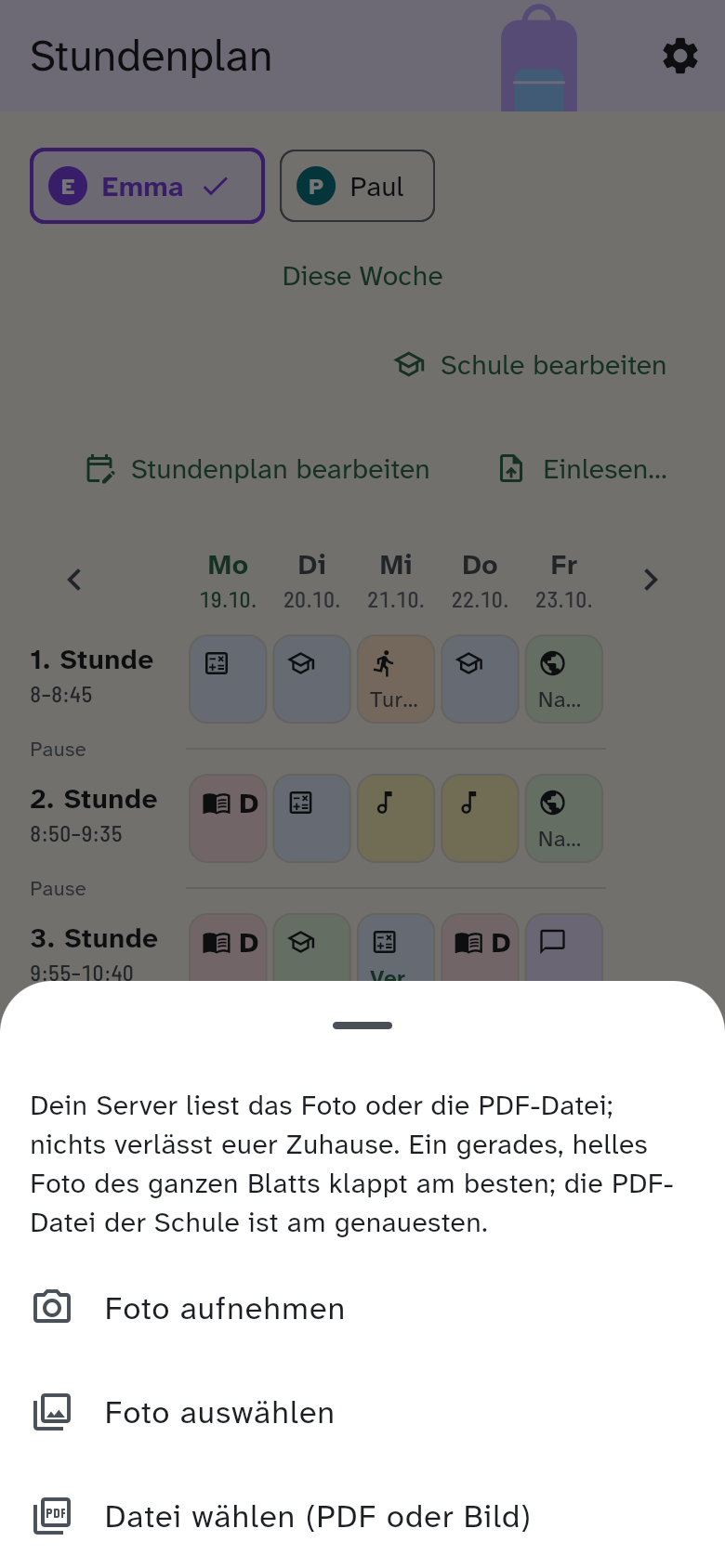 Foto scannen: der Hinweis, dass die Datei zu Hause bleibt, und die drei Wege Foto aufnehmen, Foto auswählen und Datei wählen