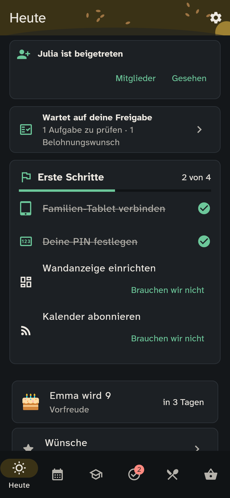 Der Tab Heute mit der Karte Erste Schritte, den Terminen und dem warmen Essen