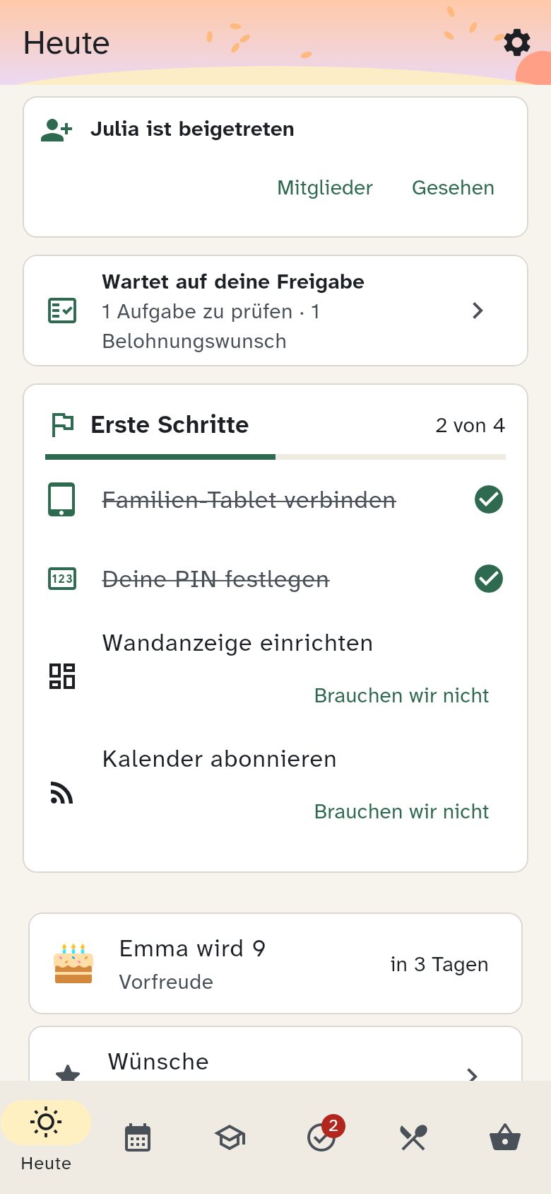 Der Tab Heute mit der Karte Erste Schritte, den Terminen und dem warmen Essen