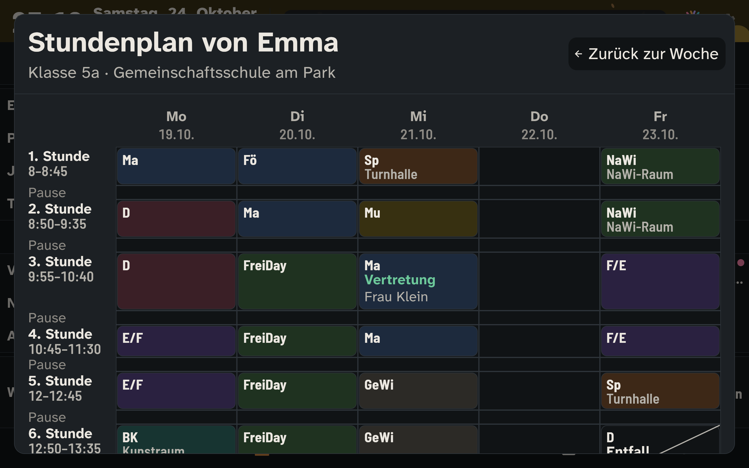 Wandanzeige: Stundenplan eines Kindes für die Woche
