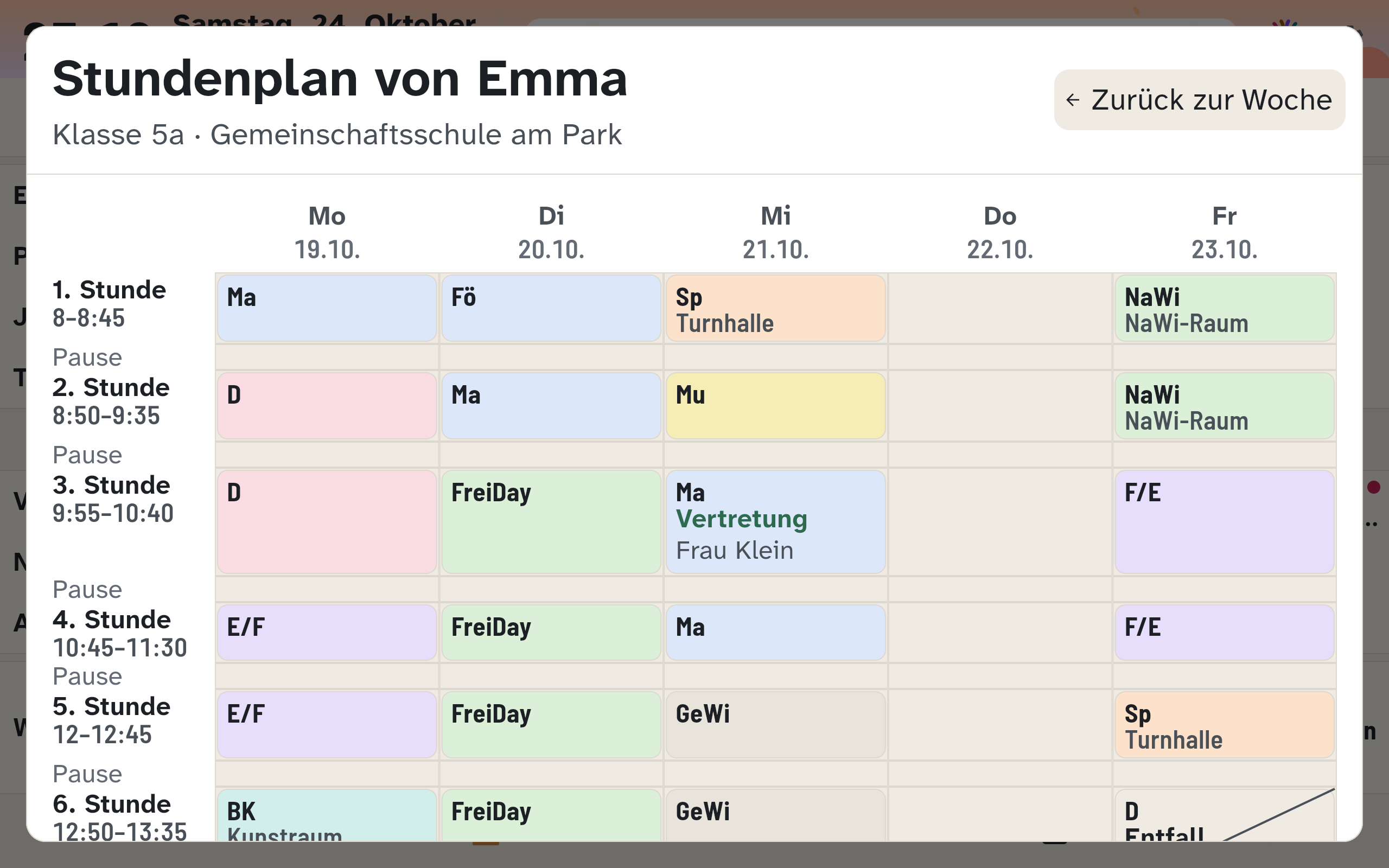 Wandanzeige: Stundenplan eines Kindes für die Woche