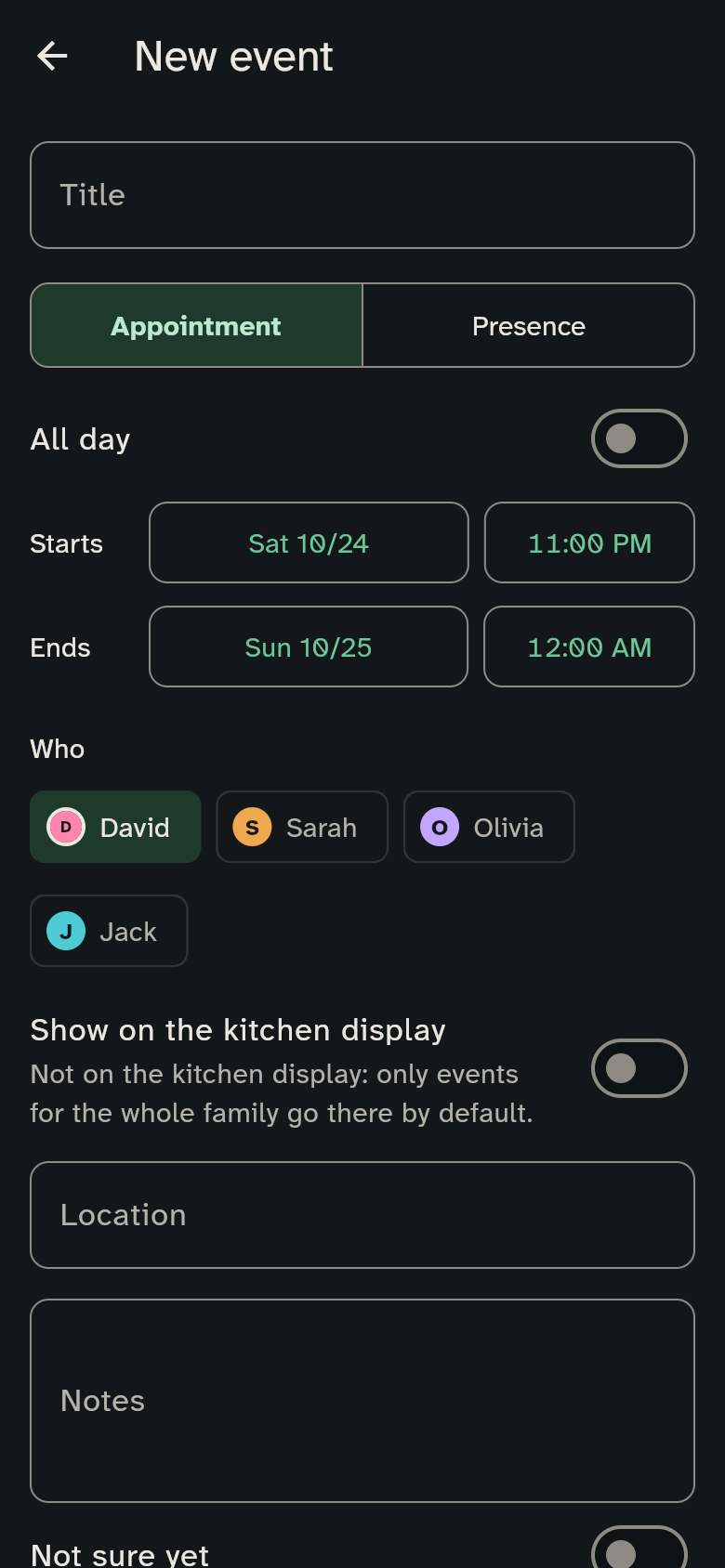 Editor for a new event with title, who and repeat