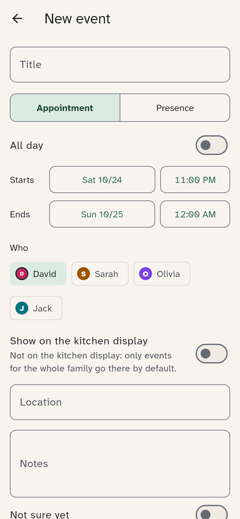 Editor for a new event with title, who and repeat